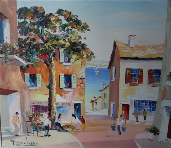 George Hann, oil on canvas, Meditteranean French town scene, signed, 50 x 60cm